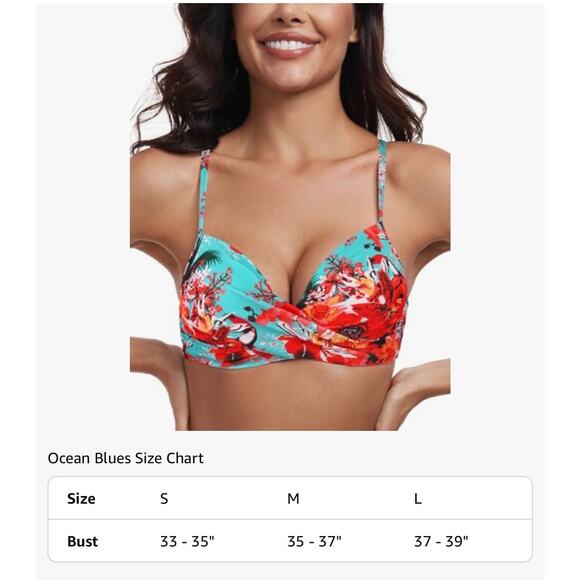 New NWT Ocean Blues Molded Twist Front Floral Push Up Bikini Top Women's Large - Picture 6 of 7